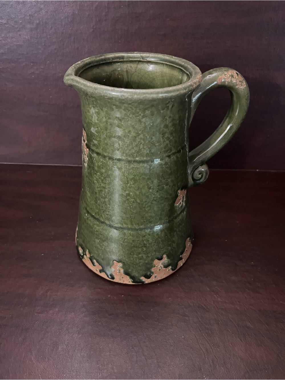 Olive Green Glazed Ceramic Pitcher — Decorative Home Accent